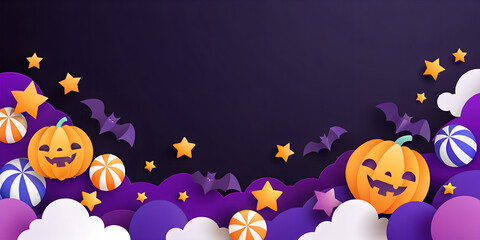 Halloween background for party invitation, greeting card, web banner or Sales with candies in night clouds, cutest pumpkins, bats, ghosts on violet background. Paper cut style, digital craft style