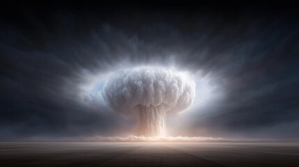 A powerful nuclear detonation generates a towering mushroom cloud, casting dark shadows over a desolate terrain. The scene captures the violent force and aftermath of the explosion