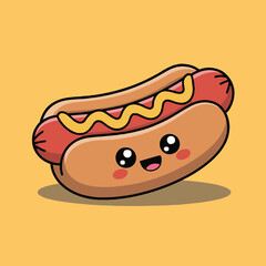 Vector art of a delightful cartoon illustration showcases a cute hotdog with a smiling face, complete with mustard, set against a warm yellow background, perfect for adding a touch of whimsy to any pr