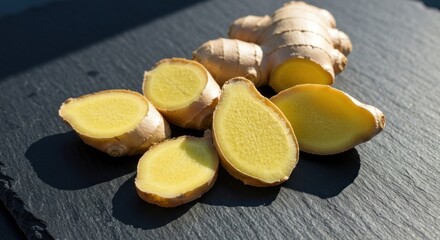 Fresh ginger root slices on dark slate