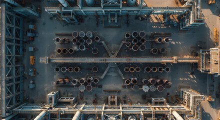 Aerial view showcasing industrial plant infrastructure and storage components in organized array