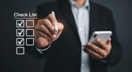 Businessman checking off items on a checklist with a pen while holding a smartphone