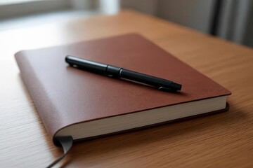 Notebook and pen placed on table for writing or note taking