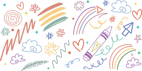 Colorful doodle art with crayons, hearts, clouds, rainbows, stars, and playful lines. Fun and whimsical hand-drawn sketch background for kids’ designs, stationery, and creative projects. Perfect 