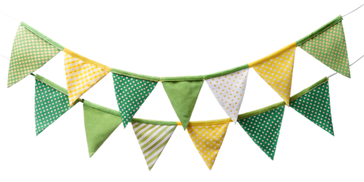 Green and yellow fabric bunting banner with string on white background ,PNG. AI Generated.