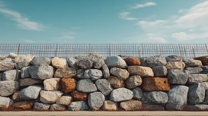 Stone wall built with large rocks against a clear blue sky  