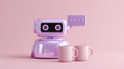 A purple robot with a speech bubble stands beside two pink mugs on a pastel background