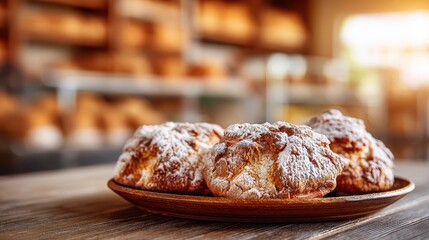 Freshly baked rustic bread rolls dusted with flour on a wooden plate in a cozy bakery setting