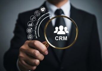 Businessman using a magnifying glass to examine crm icons and data, representing customer relationship management and business analytics