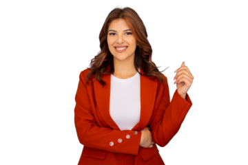 Confident businesswoman in a striking red suit, smiling and gesturing with her hand, exudes professionalism on a transparent background