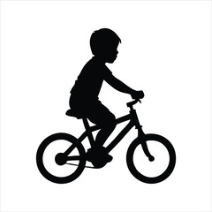 Naklejka premium Silhouette of a young boy riding a bicycle on a white background