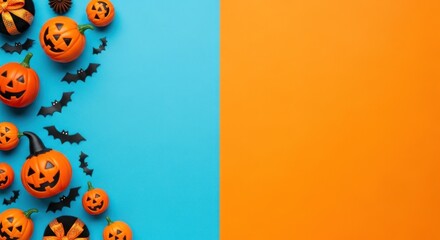 Halloween pumpkins and bats on blue background with orange copy space