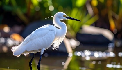 A white egret stands against blurred greenery and shimmering water in the sunlight