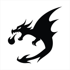 Black silhouette of a dragon breathing fire on a white background