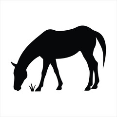 Black silhouette of a horse grazing on grass against a white background
