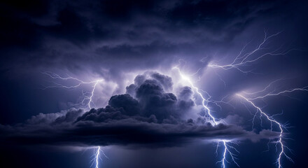Powerful storm with dramatic lightning strikes illuminating dark sky creating intense atmosphere
