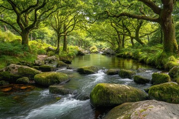 Fototapeta premium A tranquil forest stream flows over mossy rocks beneath a canopy of lush green trees, creating a serene and vibrant natural landscape