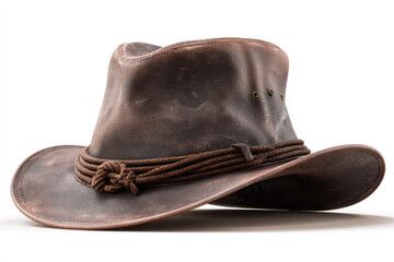 Worn leather cowboy hat angled, showing distressed brown leather, rope band, and knots