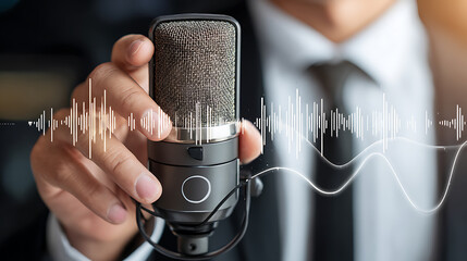 Person holding a professional microphone with sound wave visualization