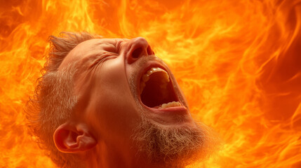 A man with a fierce expression lets out a powerful scream as he stands against a backdrop of vivid flames. The intensity captures raw emotion