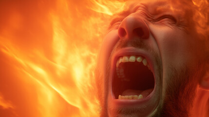 A person with a fierce expression shouts out loud as flames flicker behind them, creating a dramatic scene filled with vivid colors and strong emotions