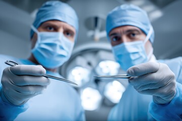 Two surgeons in blue scrubs and masks hold surgical instruments in a brightly lit operating room, preparing for surgery