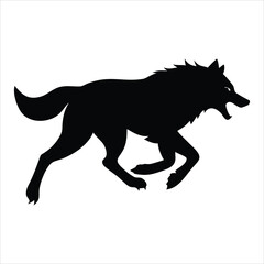 Black silhouette of a running wolf with open mouth and sharp teeth