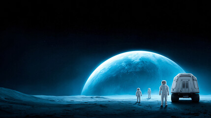 Two astronauts stand next to a futuristic vehicle on the surface of a moon. In the background, a large blue planet looms against a starry sky, creating a dreamlike atmosphere in outer space