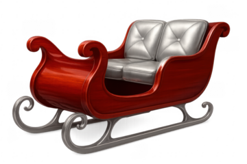 Classic red wooden santa claus sleigh with silver upholstery on transparent background