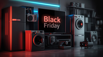 Black Friday home appliances and electronics sale with glowing neon light background