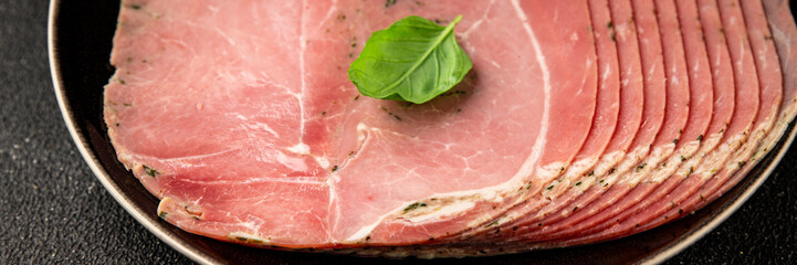 Ham spam pork prosciutto cotto natural product tasty snack fresh delicious gourmet food background on the table rustic top view copy space