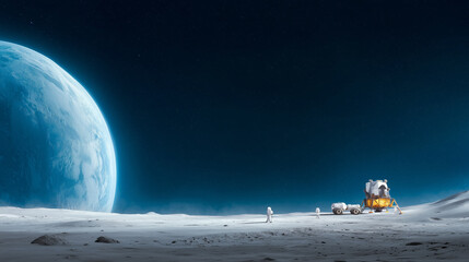 Two astronauts perform activities on the moon's surface next to their lunar lander. A massive blue planet looms large in the sky, casting an otherworldly glow on the desolate landscape
