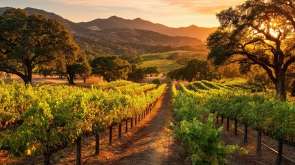 Naklejka premium Vineyard rows stretch under golden sunlight, framed by large trees and rolling hills with mountains in the background at sunset