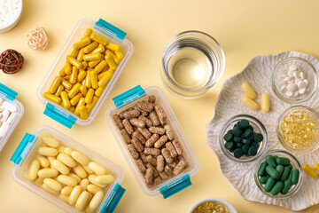 Vitamins, minerals and dietary supplements in containers and glass bowls, glass of water from above on yellow background. Assortments of many colored pills, tablets, capsules and food supplements. 