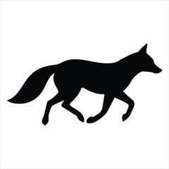 Black silhouette of a running fox on a white background