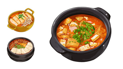 Vibrant Korean stews, kimchi jjigae and sundubu jjigae, bursting with flavor and color