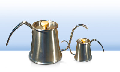 side view two large and small Stainless steel kettle, stainless steel lid and wooden on white floor, gradient blue and white background, object, decor, fashion, kitchen, copy space