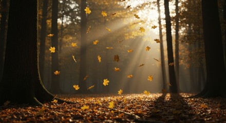 Golden leaves fall in a sunlit forest. Sunlight streams through trees