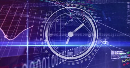 After lens flare sweeping, digital clock emerging graphs plotting data, labels showing stock values - Powered by Adobe