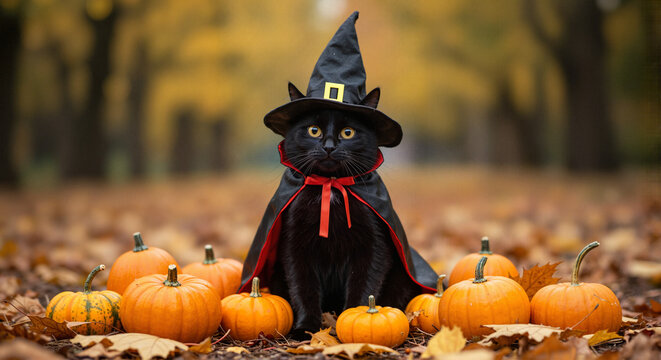 Black cat wearing witch hat surrounded by pumpkins in autumn  