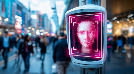 A digital face recognition system displays a geometric face on a monitor in a crowded city street. People walk by as the evening lights illuminate the area, creating a vibrant urban atmosphere