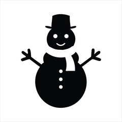 Simple black silhouette of a cheerful snowman wearing a hat and scarf