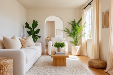 Naklejka premium Minimalist living room featuring white sofa, wooden coffee table, and lush greenery, creating a serene Mediterranean-inspired atmosphere with natural light and soft textures