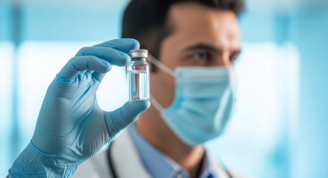 Doctor wearing mask and gloves holding a vaccine vial, closeup shot