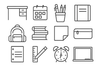 Back-to-School Essentials Icons. Line style icons of back-to-school essentials: desk, calendar, planner, pen cup; backpack, books,