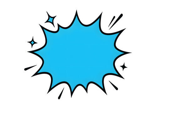 Comic style blue speech bubble explosion shape on white background isolated close up, cartoon pop art design template, abstract starburst flash creative concept, dynamic graphic illustration backdrop