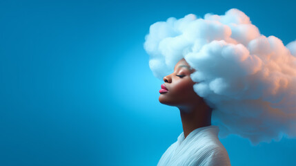 A woman with an oversized cloud hairstyle stands in profile, eyes closed, with a serene expression. The bright blue background enhances the artistic feel, making the scene whimsical and imaginative