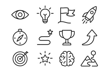 Achievement Icons. Line style icons of achievement mindset: vision, idea bulb, success flag, rocket; compass, creative path,