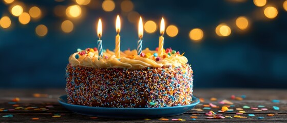 A colorful birthday cake with four lit candles sits on a plate, decorated with sprinkles and surrounded by festive lights