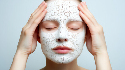 A woman with a pale cracked facial mask gently presses her hands against her temples. She has her eyes closed and appears tranquil in a serene environment, possibly during a skincare routine